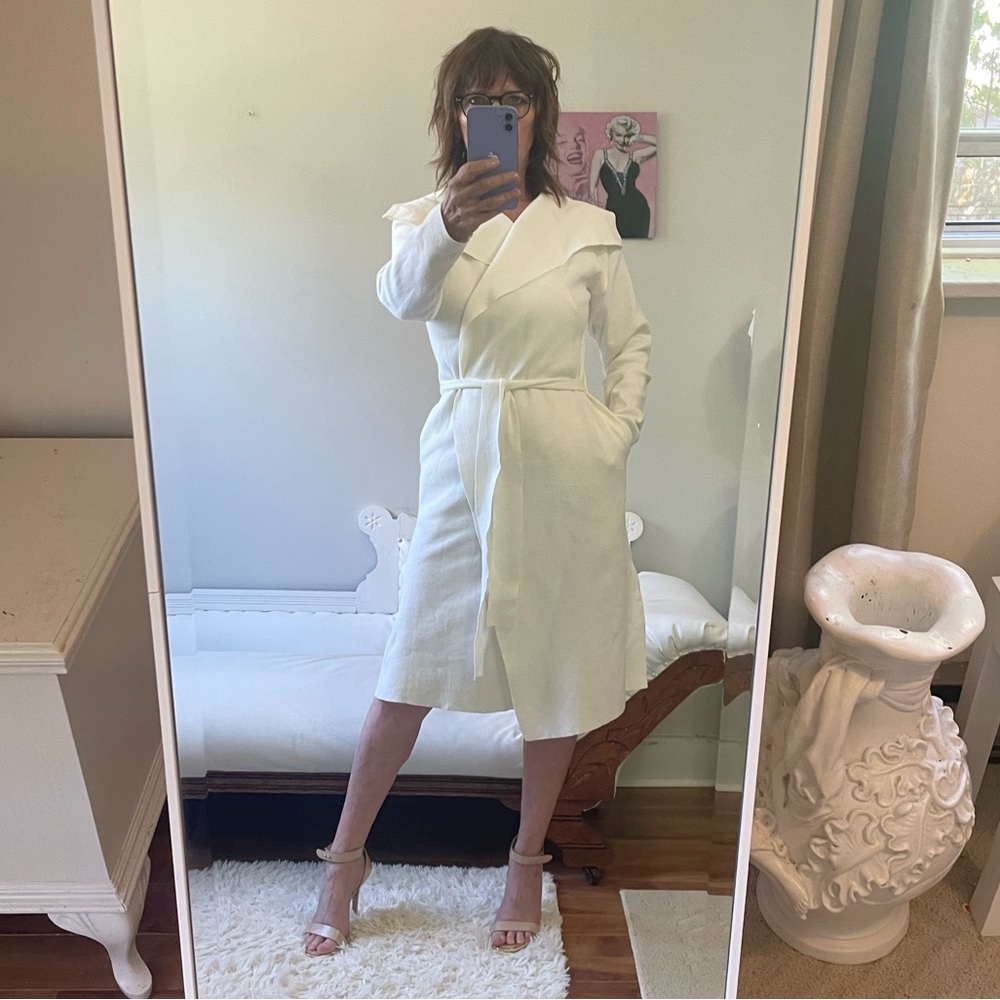CREAM WRAP CARDIGAN POCKETS OPEN FIT MATCHING FABRIC BELT STRETCH COLLAR